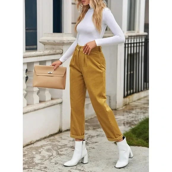 Khaki High Waisted Straight Leg Pants Casual Corduroy Pants Vintage Trousers - Picture 7 of 10